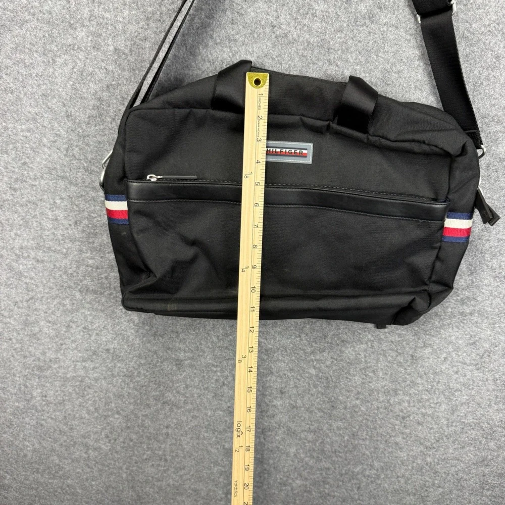 Tommy Hilfiger Mens Black Canvas‎ Messenger Bag Laptop Crossbody Stripe Accent